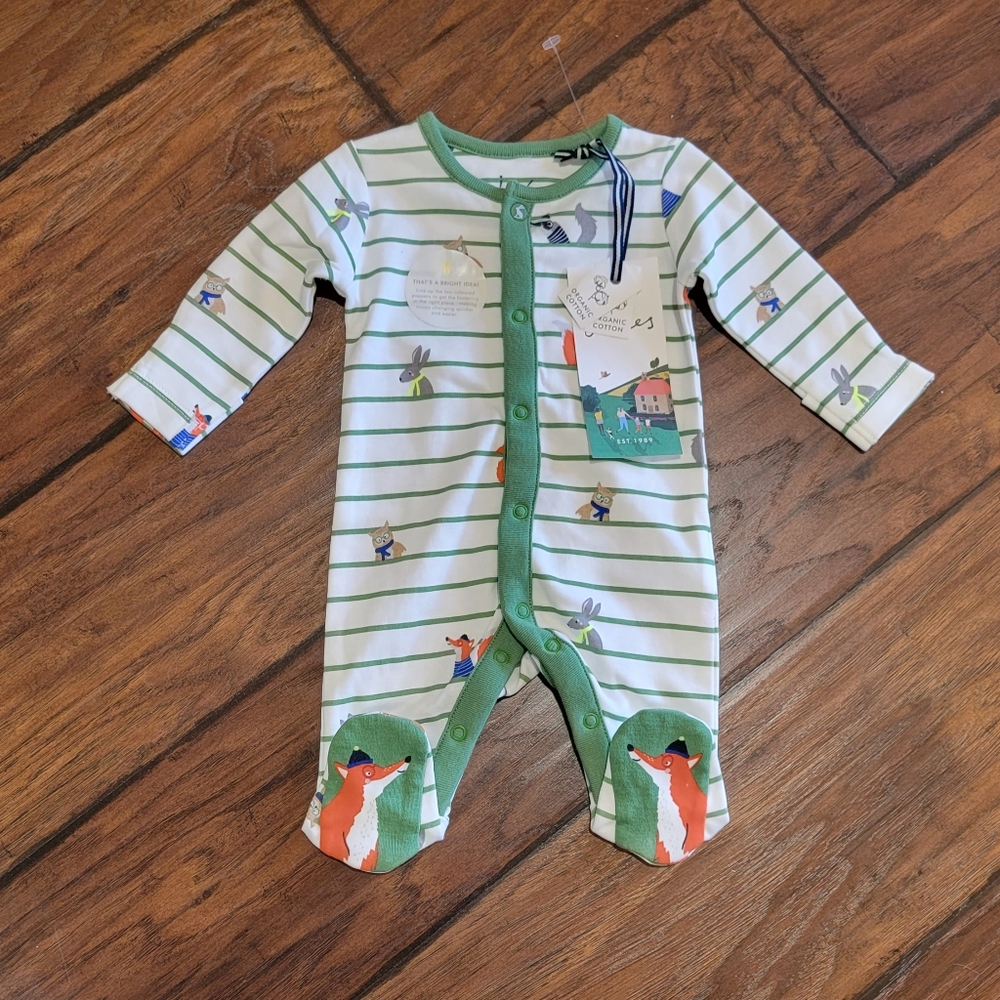 Joules Green & White Striped Fox Footed One-Piece